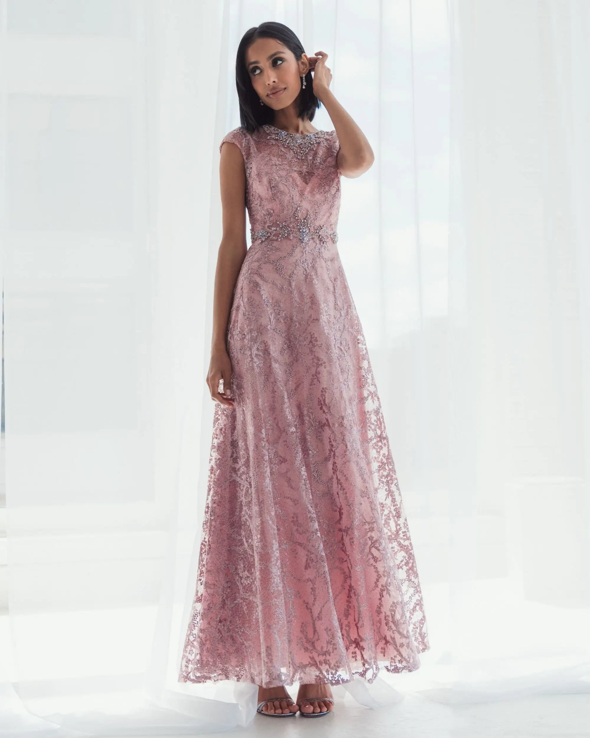 Pink Embroidered Cap Sleeve A Line Gown