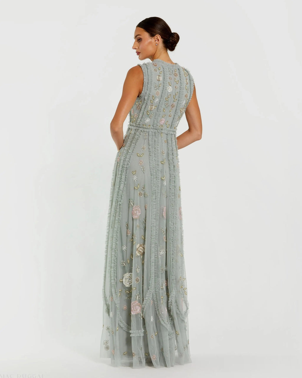 Green Floral Mesh Sleeveless A Line Micro Ruffle Gown