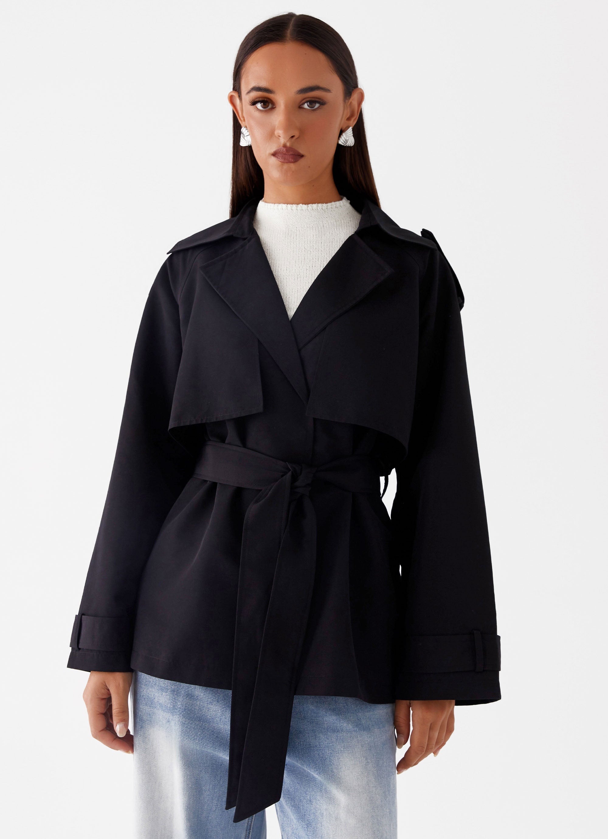 Ace Of Spades Cropped Trench Coat - Black