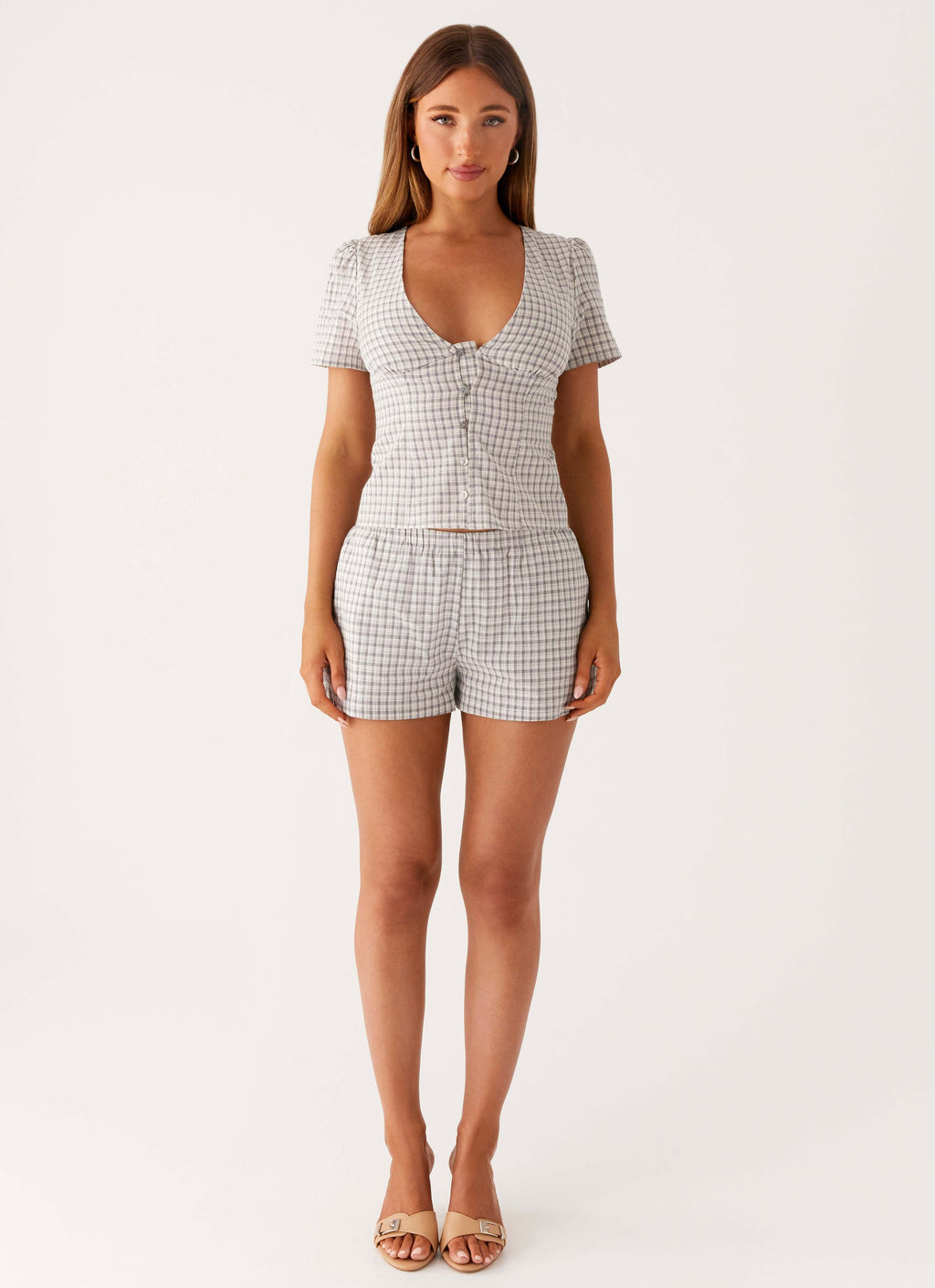 Adalina Button Up Top - Grey Check