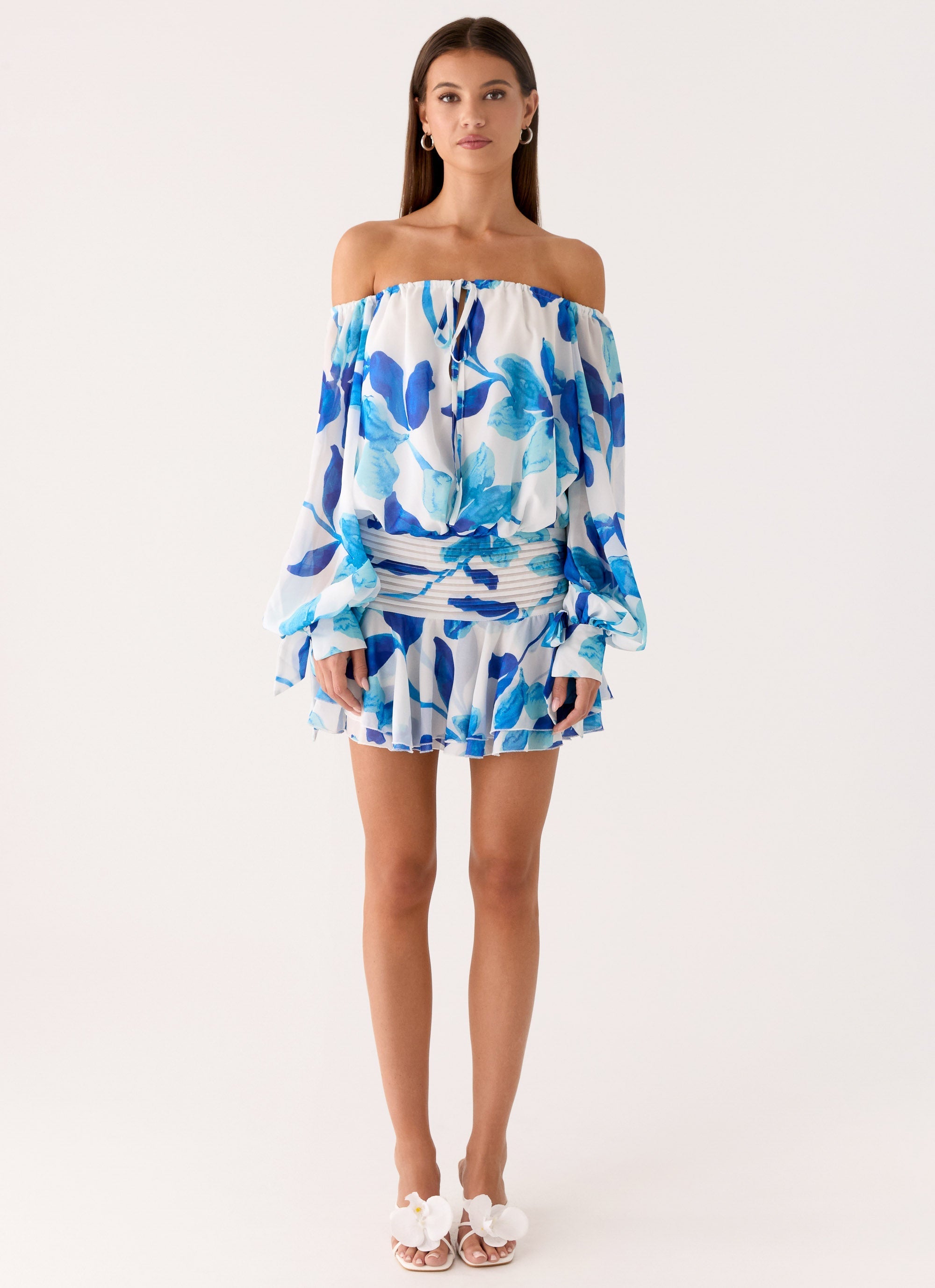 Eira Balloon Sleeve Mini Dress - Cerulean Bloom