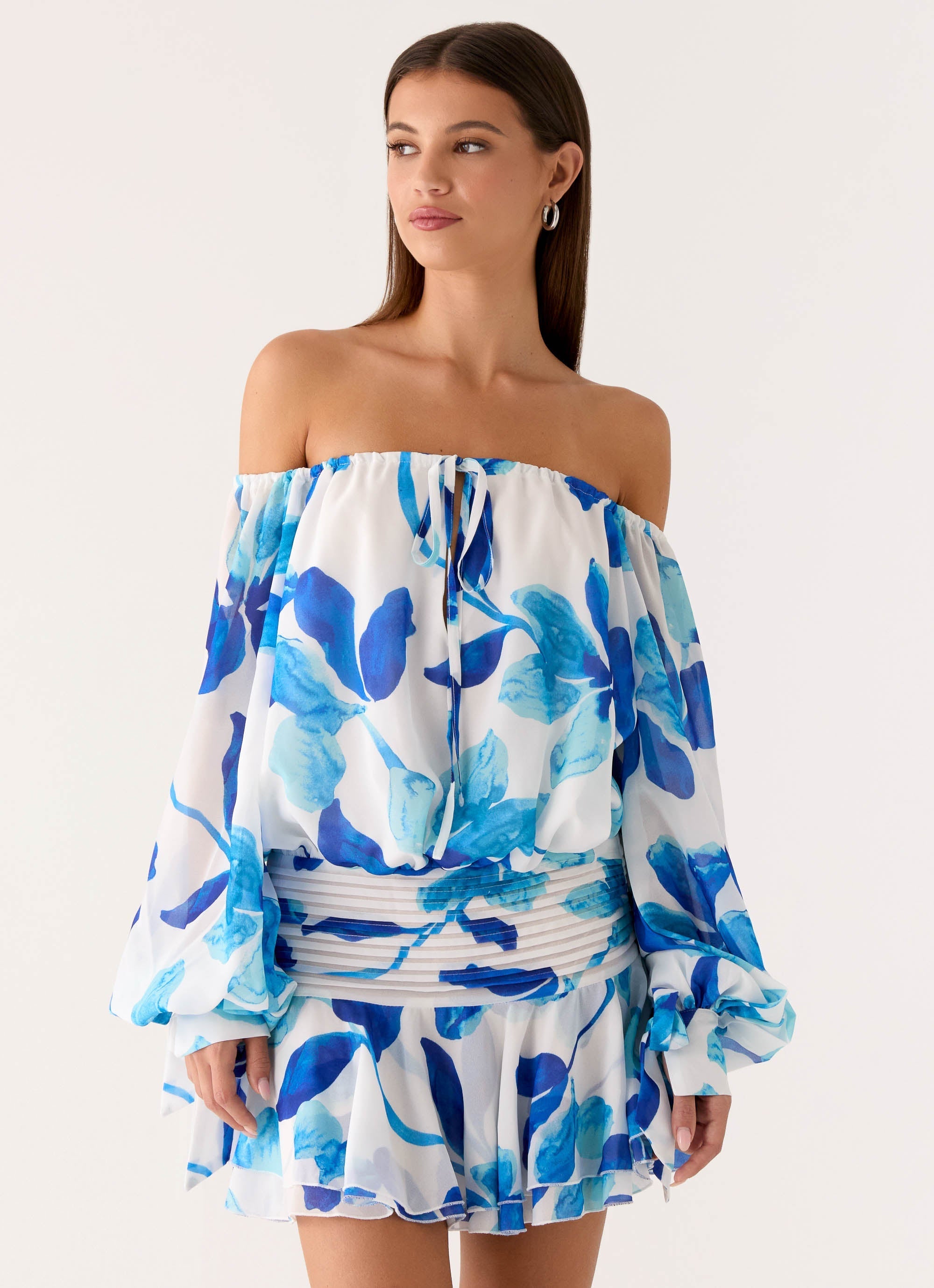 Eira Balloon Sleeve Mini Dress - Cerulean Bloom