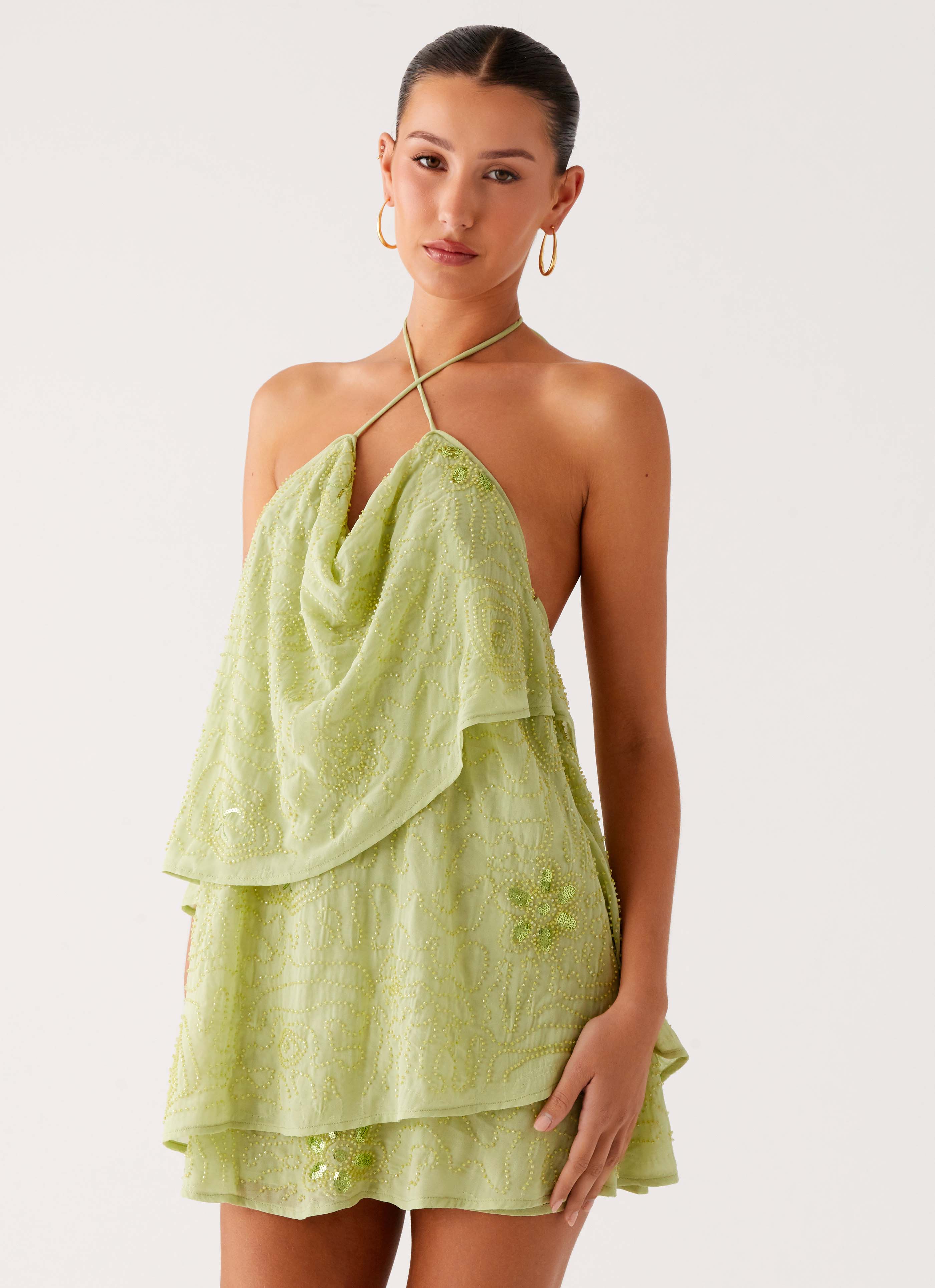 On The Go Beaded Mini Dress - Mint